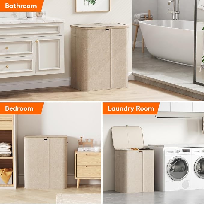 Lifewit 165L 3 Section Laundry Hamper with Lid, Laundry Basket, Beige | Large Foldable Laundry Sorter with 3 Removable Bags, Tall Clothes Hamper for Bedroom and Bathroom - Image 9
