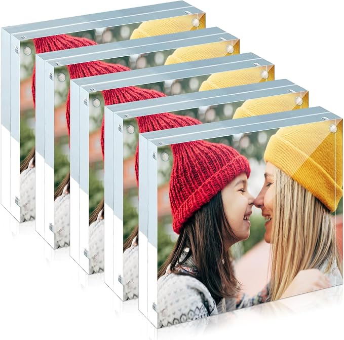 ILYXY 5 Pack Acrylic Frame 5x5, 20% Thicker, 20mm Thick Frameless Clear Picture Frame, Double Sided Magnetic Photo Frame, Free Standing Desktop Display Stand Acrylic Picture Frames by ILYXY