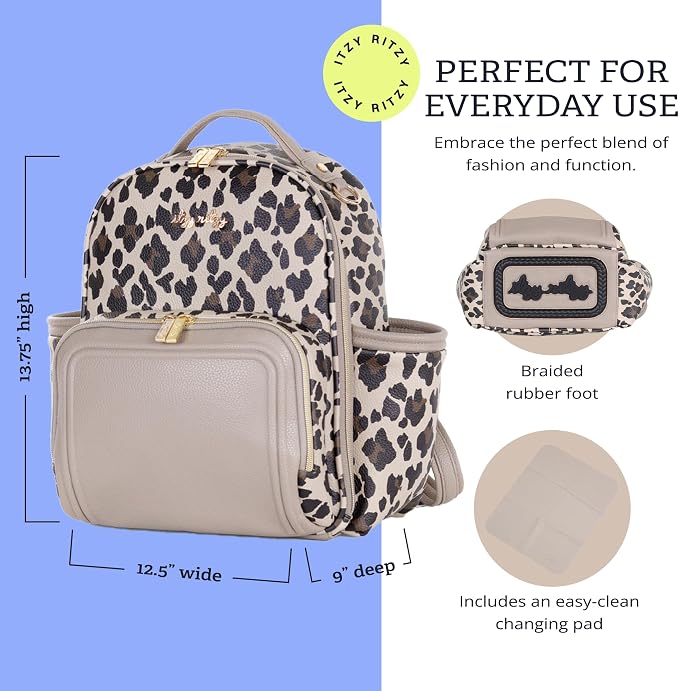 Itzy Ritzy Mini Diaper Bag Backpack - 10 Pockets w/Changing Pad (Leopard) | Chic Mini Plus Diaper Bag with 2 Insulated Bottle Pockets, Key Lanyard, Wipeable Changing Pad, Grab-Top Handle & Rubber Feet - Image 3