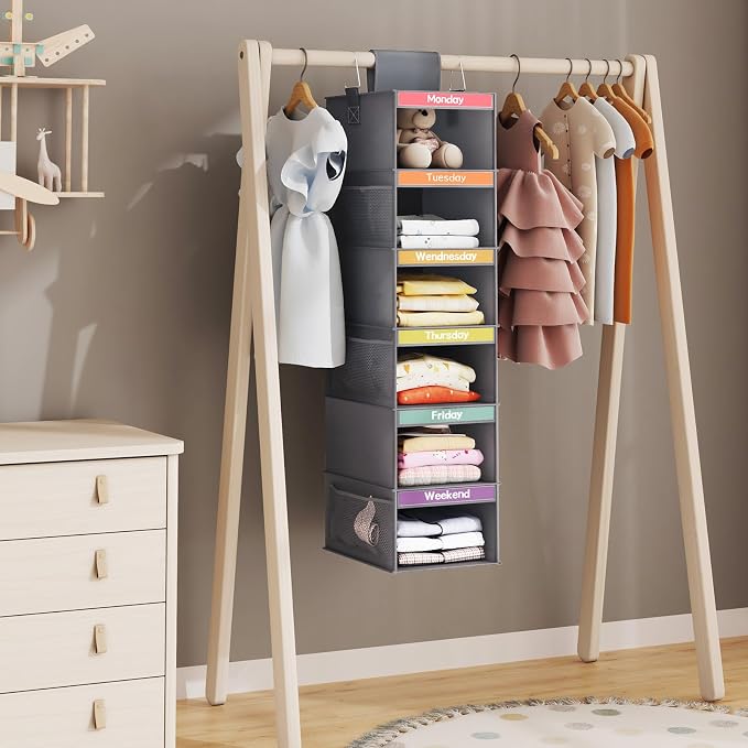 Fixwal Weekly Kids Clothes Organizer 2 Pack 6-Shelf Hanging Storage | Nonwoven Fabric, 6 Daily Shelves, 6 Mesh Side Pockets, 2 Metal Hooks, Foldable Design, for Kids Outfits and Accessories - Image 3