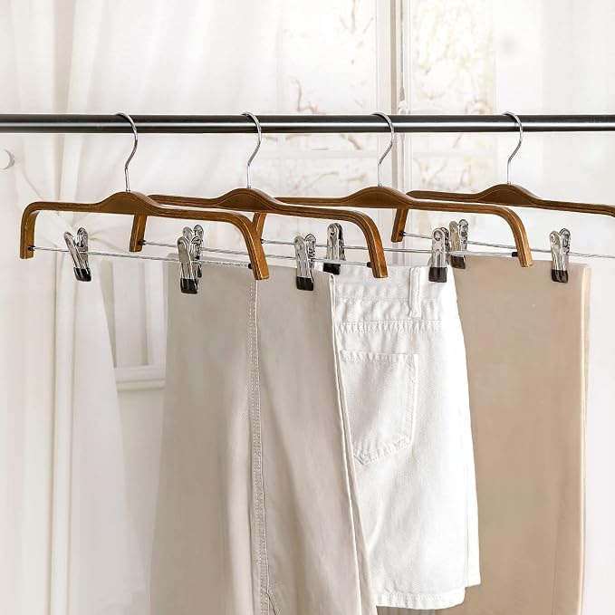 TOPIA HANGER Wooden Pants Hangers,Slim Natural Wood Skirt Hangers with Anti-Rust Hook and Adjustable Metal Clips, Perfect for Skirts,Pants,Slacks-10 Pack-CT17A - Image 5