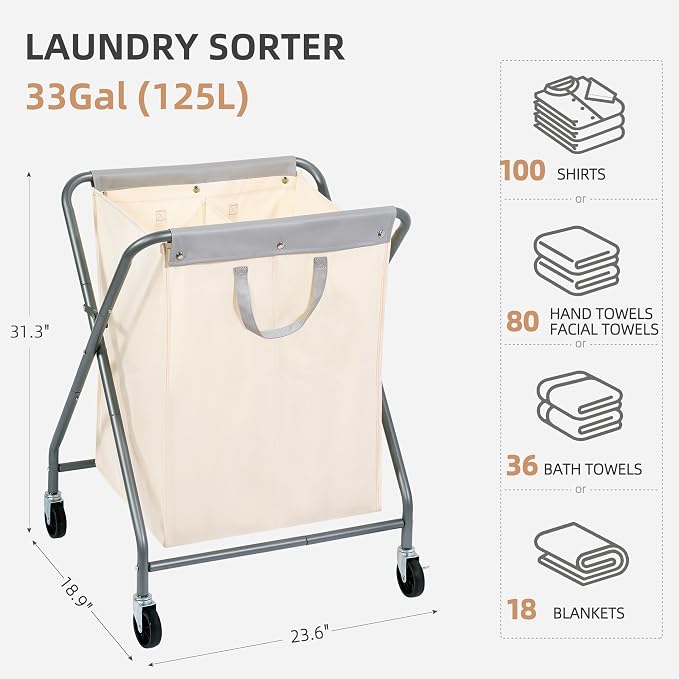 STORAGE MANIAC 125L Collapsible Laundry Hamper with Wheels, Rolling Laundry Basket, Heavy Duty Cloth Sorter with Removable Bag, Folding X Frame Clothes Organizer Cart for Easy to Store, 2 Section - Image 3