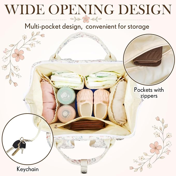 Light White Corduroy Floral Diaper Bag Backpack for Mom Large Capacity Multifunction Travel Backpack for Women, Cute Diaper Bag - Image 5