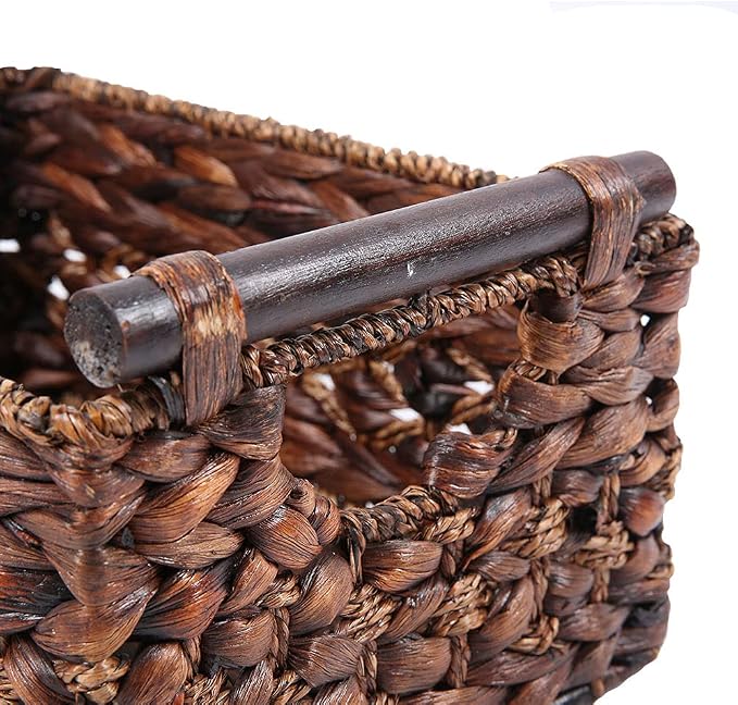 Water Hyacinth Wicker Storage Basket with Wood Handles, Large | Rectangular dark brown woven rattan basket, for shelves, kitchen countertops, closet, holds magazines, toilet paper - Image 6