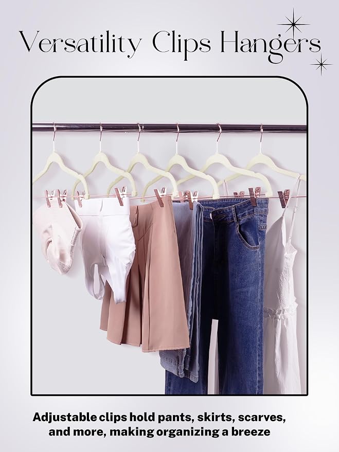 HOUSE DAY Pants Hangers with Clips 24 Pack, with Rose Gold Hook and Clips | Ivory | Non Slip Velvet Flocked | 0.2" Thin | Swivel Hook | Space Saving | Rubber Padded Clip| For Pants, Skirt, Shorts, Coat - Image 5
