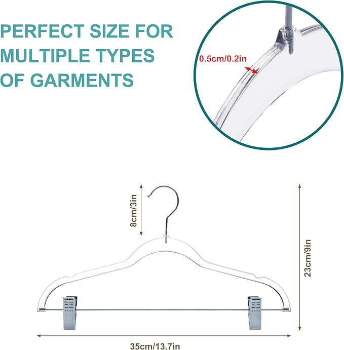 Quality Clear Kids Pants Hangers with Clips 100 Pack | Heavy Duty Skirt Hangers with Swivel Hook and Notches | Space Saving Kids Clip Hangers for Pants | 13.7 Inch (Clear, Silver Hook, 100 Pack) - Image 3