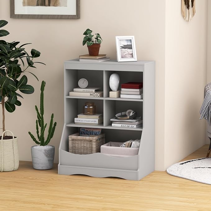 HONEY JOY Kids Toy Storage Organizer with Bookcase, 4-Cubby Organization Storage Cabinet w/Display Shelf, Wooden Toy Storage Unit for Playroom, Nursery Daycare(Gray) - Image 8