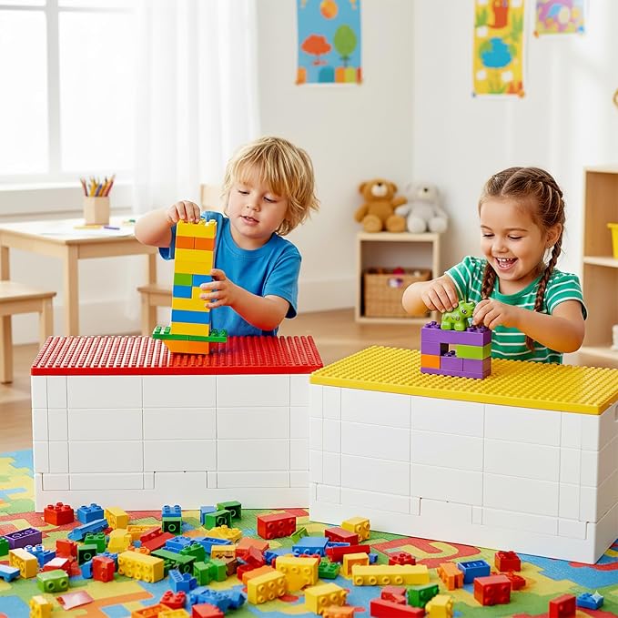 53 Qt. Folding Storage Box with Large Building Lid for Lego Duplo Blocks, 13 Gallon Collapsible Organizer for Lego Bricks (Yellow) - Image 2