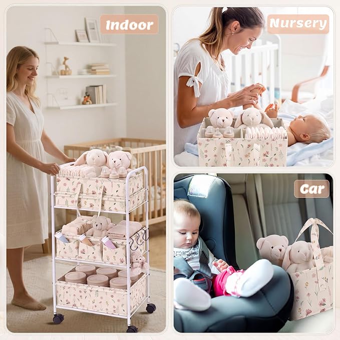 Yookeer 2in1 Baby Diaper Caddy Organizer Cart 3 Tier Large Capacity Metal Utility Bedside Rolling Cart with Divider Newborn Registry Gift Nursery Essential Must Have Bedroom Baby Shower(White,Flowers) - Image 4