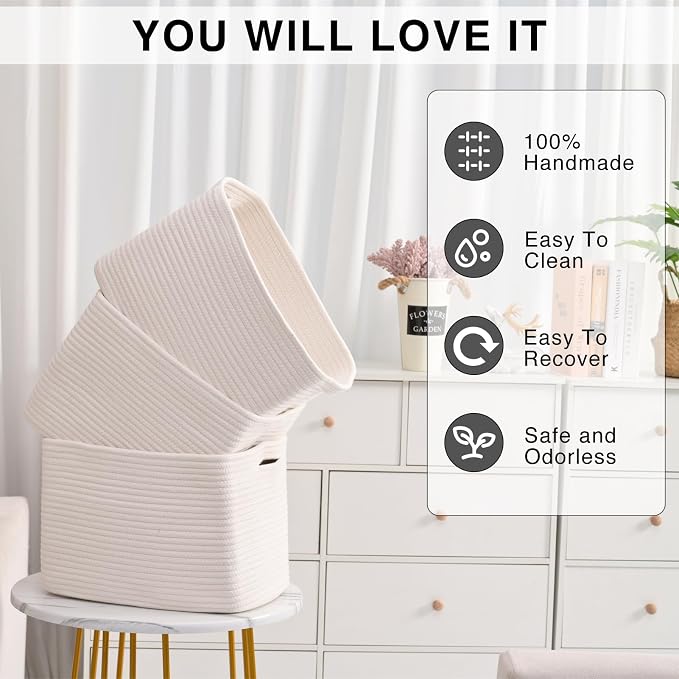 ICERZCZ Storage Baskets for Organizing Shelves 15x11x9.5 Off White 3 Packs | Woven Cotton Rope Bins for Baby Nursery Organization, Book Toy Towel Organizer, Living Room, Bedroom, Bathroom, Kid's Room - Image 5