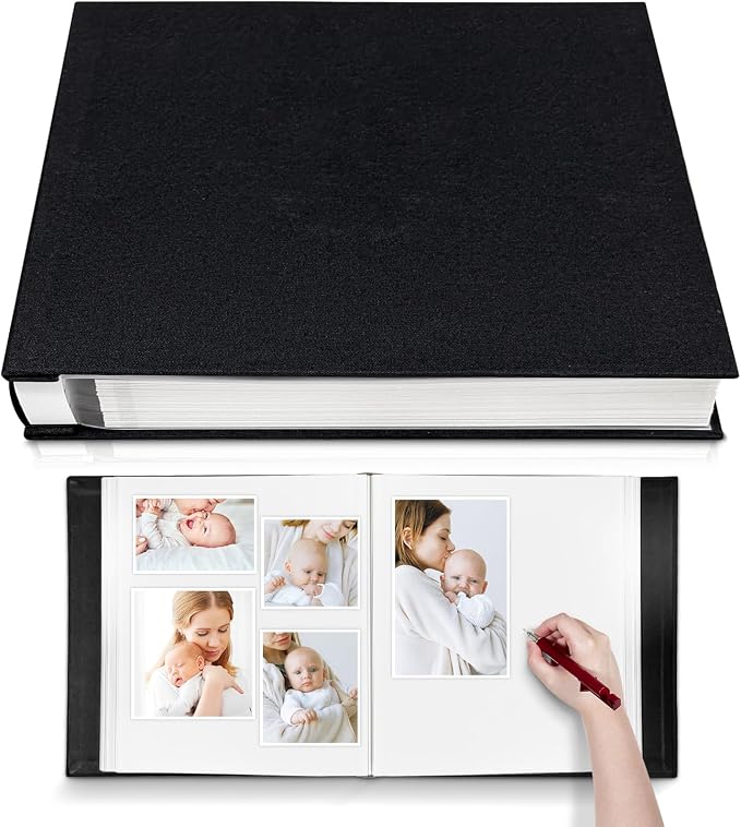 Large Photo Album Self Adhesive 4x6 5x7 6x8 8x10 Pictures Scrapbook Magnetic Album DIY Scrap Book 60 Sticky Pages Linen Cover DIY Photo Album with A Metallic Pen and DIY Accessories(Black), 11"x10.8"60 Pages by HoneyTolly