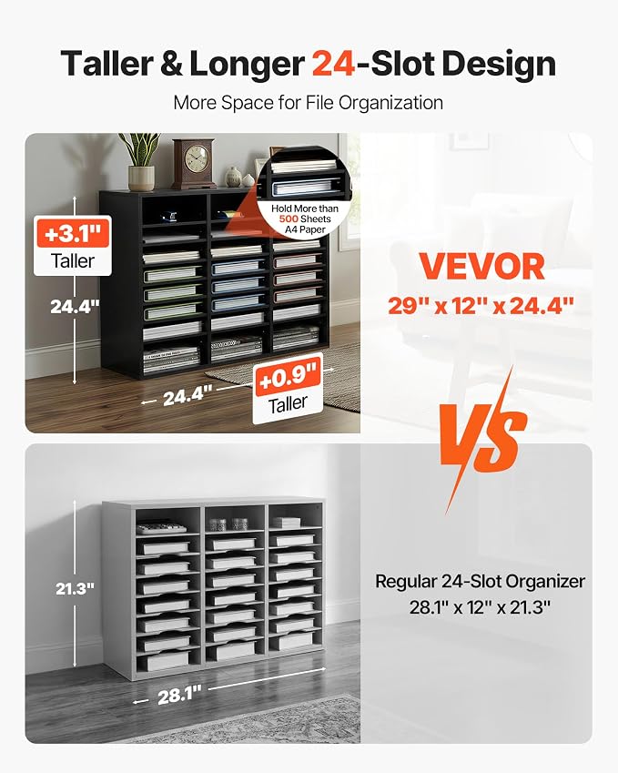 VEVOR Literature Organizers, 24 Compartments Office Mailbox with Adjustable Shelves, Wood Literature Sorter 29x12x24.4 inches for Office, Home, Classroom, Mailrooms Organization, EPA Certified Black | Office Mailbox with Adjustable Shelves, Literature ... - Image 2