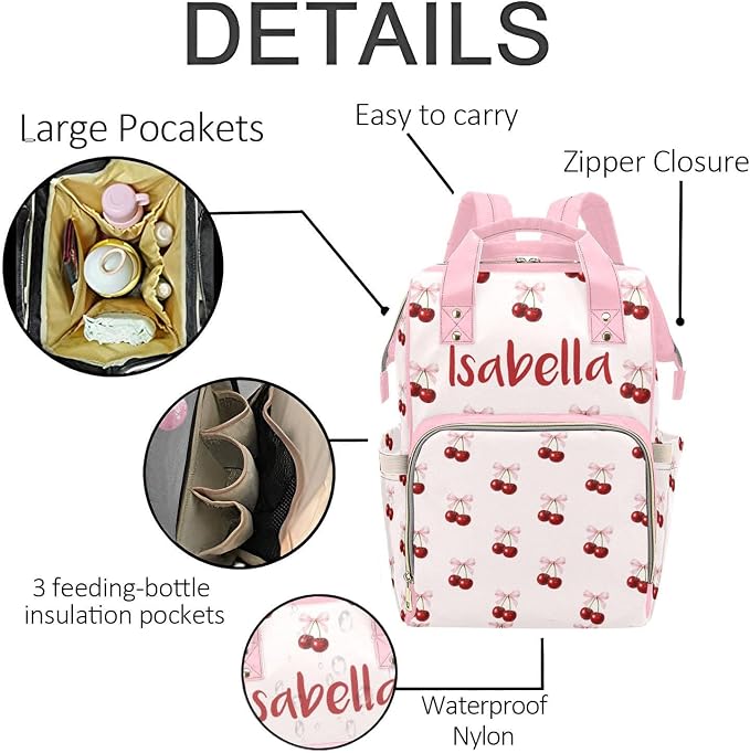 Custom Name Diaper Bag Backpack – Pink Bow with Cherry Personalized Baby Nappy Bag with Insulated Bottle Holders – Waterproof Large Capacity Travel Backpack Gift for Parents - Image 5