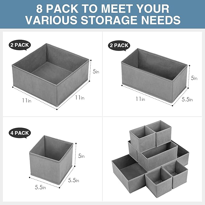 Drawer Organizer Clothes, 8 Pack Underwear Organizer, Foldable Closet Organizers and Storage Dresser Dividers for Clothes, Socks, Scarves, Ties (Gray) - Image 3