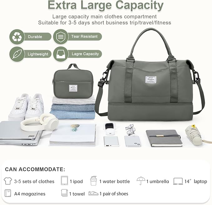 Large Weekender Bags for Women, Travel Duffel Bags with Shoe Compartment,Personal Item Travel Carry on Overnight bag for women Travel Set,Olive Green - Image 3