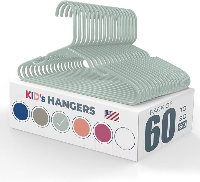 Plastic 12” Kids Hangers 50 Pack (60 Count) – Made in the USA – 5lb Capacity Baby & Toddler Clothes Hangers with Notches & Reinforced Edges – Fits Children’s Sizes Up to 8 – Mint by NeatiesHangers