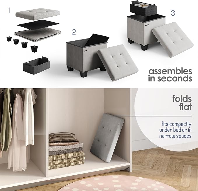 Storage Ottoman Cube with Small Bin, 15-in Square Ottoman with Storage for Living Room and Bedroom, Small Ottomans Foot Rest, Velvet Foot Stools Ottomans Max 330lbs, Light Grey - Image 8