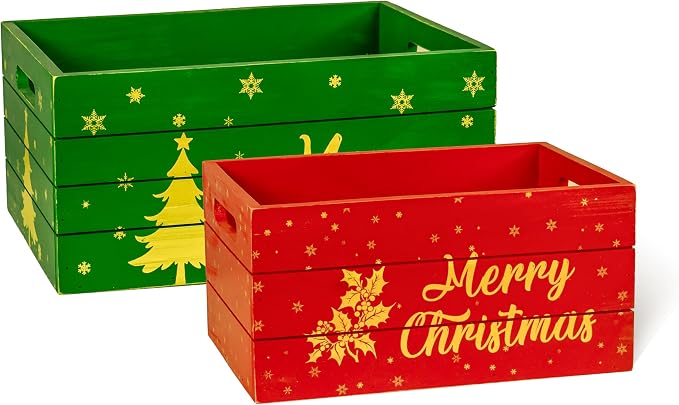 Red Co. Set of 2 Red and Green Decorative Nesting Wooden Merry Christmas Storage Crate Organizers with Golden Lettering - Image 2