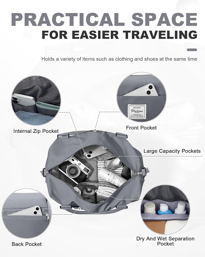 Travel Duffel Weekender Bag Women Tote Carry On Bags With Shoe Compartment | 18x14x8 inches Travel Overnight Bags with Trolley Sleeve for Airplanes Sport Tote Gym for Men Lightweight Daypack SlateGrey - Image 3