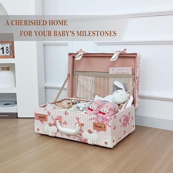 Unitravel Baby Keepsake Case, 18" Handmade Memory Storage Box, Newborn Keepsake Box, Vintage Suitcase for Baby Shower, Baptism, Naming Ceremony or Birthday (floral) - Image 4