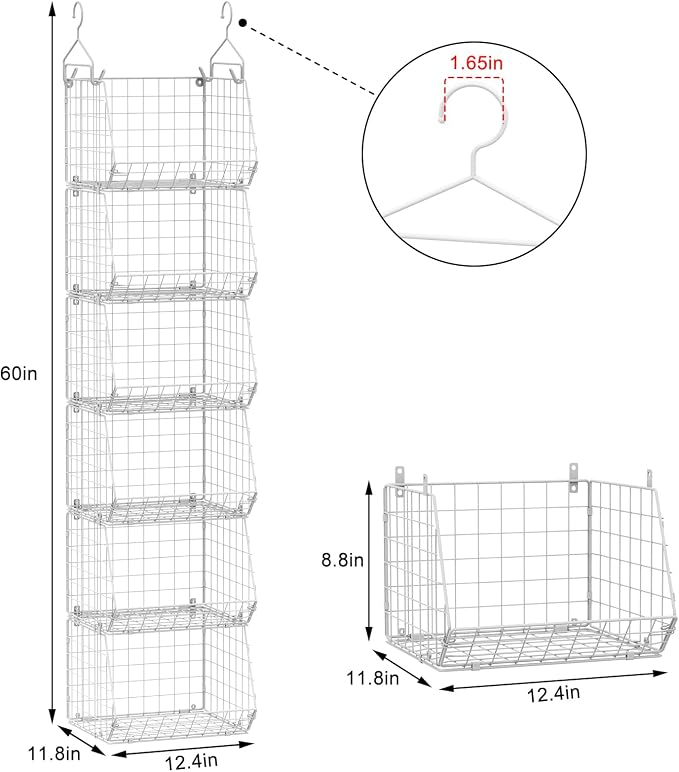 X-cosrack 6 Tier Closet Hanging Organizer, Clothes Hanging Shelves with 4 Hanging Hooks 5 S Hooks, Wire Storage Basket Bins, for Clothing Sweaters Shoes Handbags Clutches Accessories Patent - Image 3
