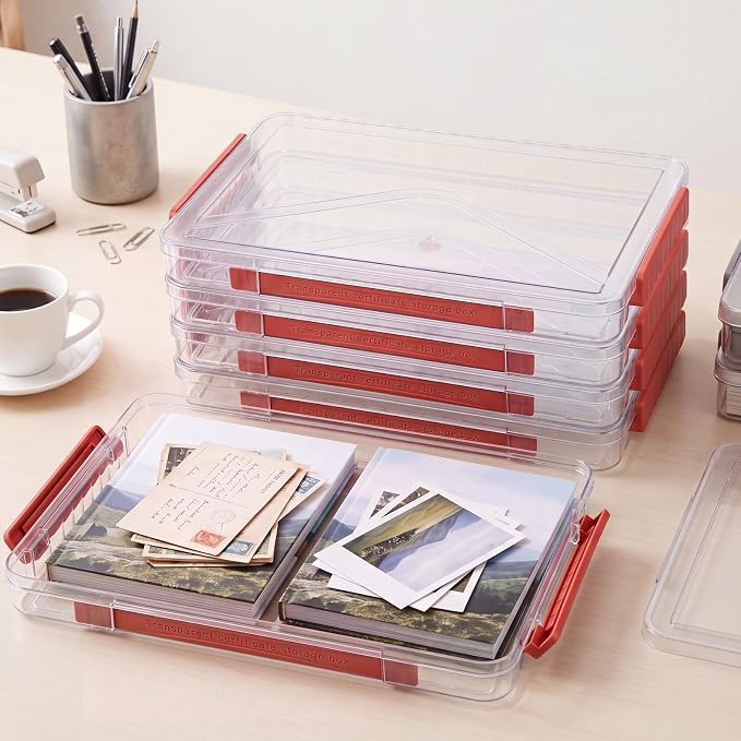 5 Pcs Clear File Storage Box Portable Paper Case with Lid Handle,Red - Image 2