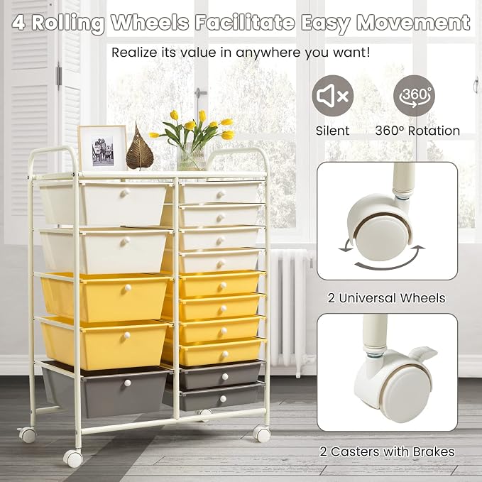 DREAMADE Rolling Cart with 15 Drawers, Lockable Wheels, Removable & 2-Sized Storage, Art Cart for School, Home, Crafts, Scrapbook (Yellow) - Image 5