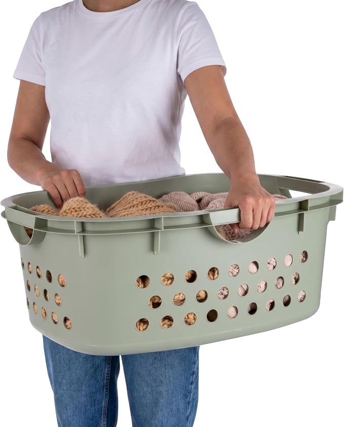 IRIS USA Laundry Basket, 51L Plastic Hip Hold Hamper, 4 Pack, Sage Green | Lightweight ventilated laundry basket with hip-hold handles for everyday clothes, towels, and bedding. - Image 4
