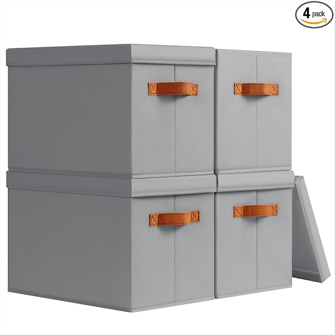 Storage Bins with Lids - Fabric Storage Baskets for Shelves, 4 Pack Foldable Decorative Boxes with Handles, Stackable Organizer Bins for Home, Nursery, Dorm, Grey by Homsorout