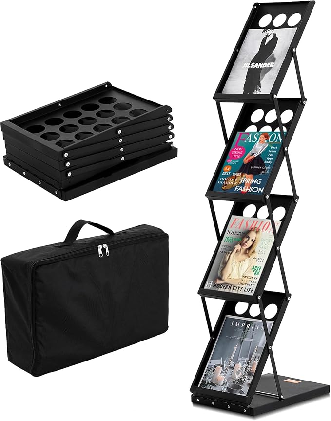 VEVOR Foldable Magazine Display Rack, 4-Tier Brochure Literature Display Stand, Portable Catalog Brochure Holder Stand with Carrying Bag for Office Trade Show Exhibitions, 4 Pockets by VEVOR