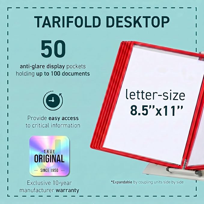Tarifold Desktop Reference Display System, 50 Pockets, Expandable, Red | 50 Double-Sided PVC Pockets, Holds 100 Letter-Size Sheets, Sturdy Metal Base, Quick-Find Indexing, Quick and Easy to Assemble - Image 2