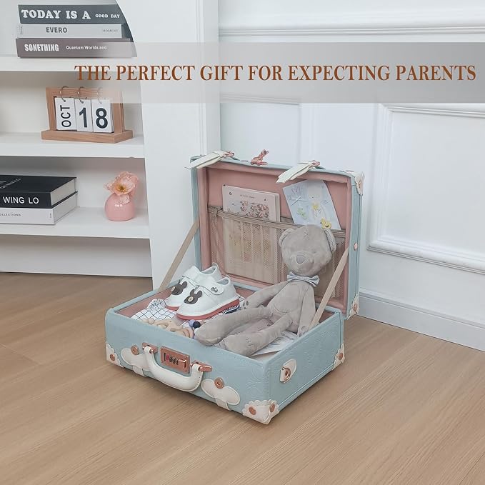 Unitravel Baby Keepsake Case, 16" Handmade Memory Storage Box, Newborn Keepsake Box, Vintage Suitcase for Baby Shower, Baptism, Naming Ceremony or Birthday (Blue) - Image 3