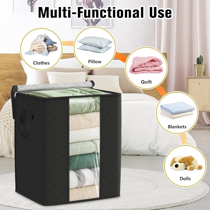 SpaceTrove Clothes Storage Bags, 10-Pack Comforter Blanket Organizers, 80L Large Capacity Containers with Visual Window for Clothing, Quilt, Sheet, Pillow, Closet Organization for Bedding (Black) - Image 5