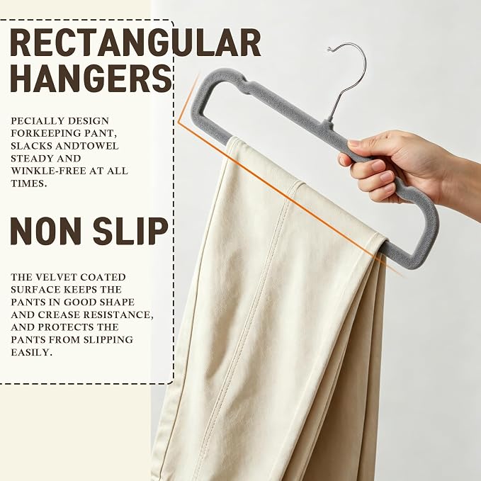 Velvet Pants Hangers with Non Slip Bar, 20 Pack Felt Slack/Trouser Hangers for Closet, Slim Space Saving Closet Perchas Terciopelo 360° Swivel Hook for Tank Top, Bra, Shorts, Jeans, Towel (Grey) - Image 4
