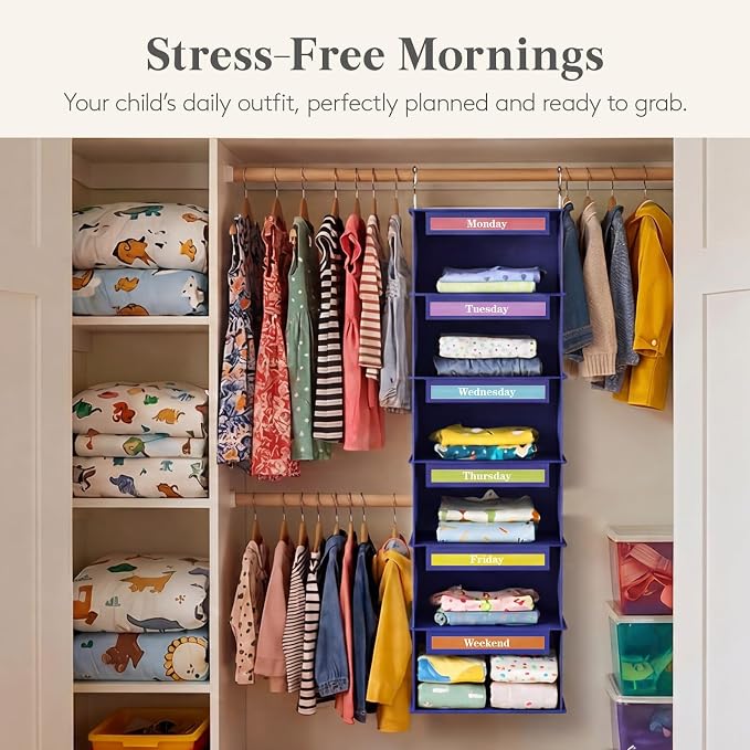 Lifewit 6 Shelf Weekly Hanging Clothes Storage Organizer for Kids, Blue | Closet Storage with Color Labels for School Outfits, Daily Clothing Divider with Days of The Week Monday to Friday Weekend - Image 6