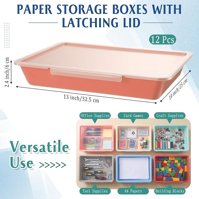 12 Pcs Classroom Paper Storage Bins with Clear Latching Lid, Label Stackable Letter Size Flat Tray Container for Teacher Back to School Supplies Home Office Desk Arts Crafts (Boho,13x10in) - Image 2