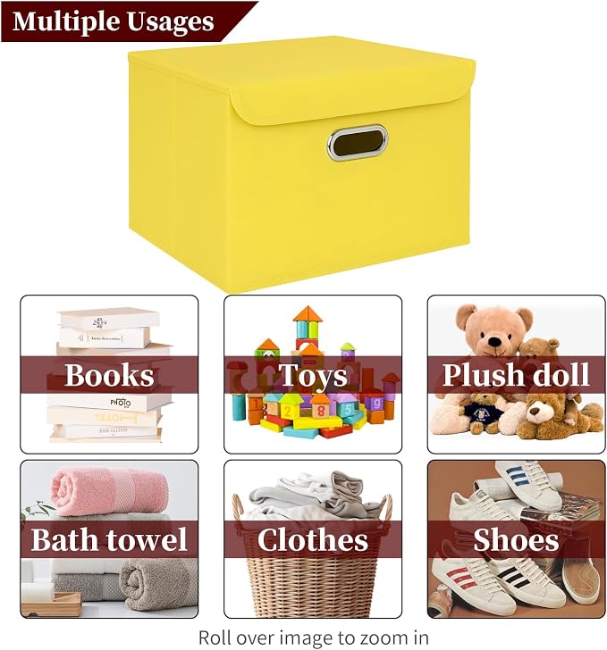 STOREONE Fabric Storage Cube Bins Foldable Organizer Container Collapsible Basket with Lids and Metal Handles, for Home, Bedroom, Closet 3 Pcs (multicolour-yellow) - Image 3