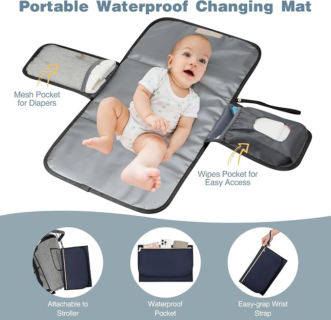 Diaper Bag Backpack, Quilted Baby Bag with Changing Pad & Stroller Straps & Pacifier Case, Large Travel Diaper Bags for Mom Dad, Blue Beige - Image 2