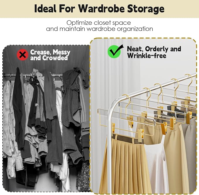 Clear Gold Acrylic Pants Hangers 10 Pack with Adjustable Clips | Non-Slip & Heavy Duty Hangers for Pants, Skirts, Jeans, Trousers, Scarves, Adults & Kids, Clothing Closet Storage - Image 6