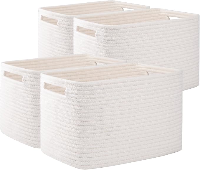 OIAHOMY 4 Pack Storage Baskets for Organizing 24L Cube Storage Bins White | Woven Baskets for Storage Rectangle Small Baskets With Handles Baskets for Shelves Wicker Baskets for Shelves 16x12x8inch by MasterofSpaceOptimization