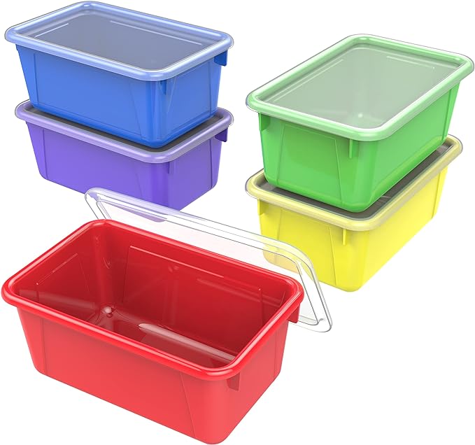 Storex Small Cubby Bins – Plastic Storage Containers for Classroom with Non-Snap Lid, 12.2 x 7.8 x 5.1 inches, Assorted Colors, (62406U05C) (Pack of 5) by Storex