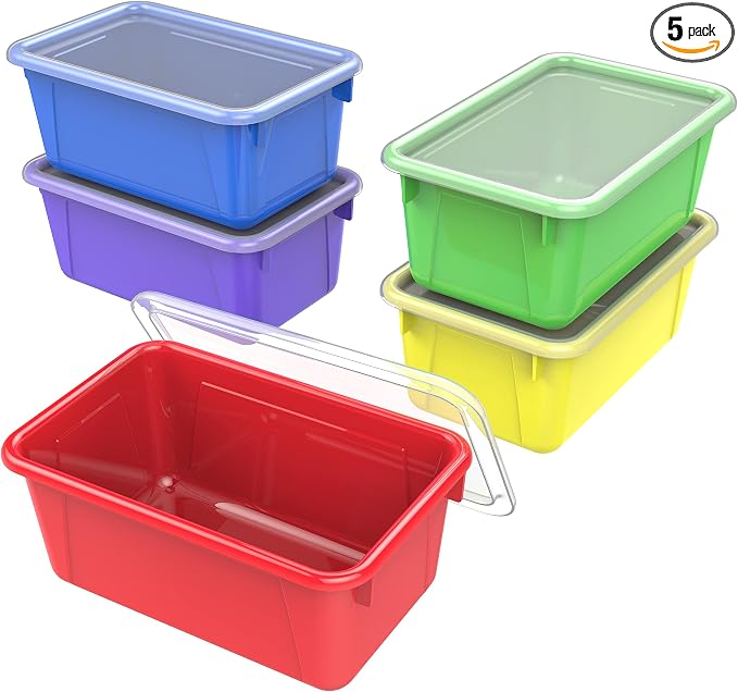 Storex Small Cubby Bins – Plastic Storage Containers for Classroom with Non-Snap Lid, 12.2 x 7.8 x 5.1 inches, Assorted Colors, 5-Pack (62406A05C) by Storex