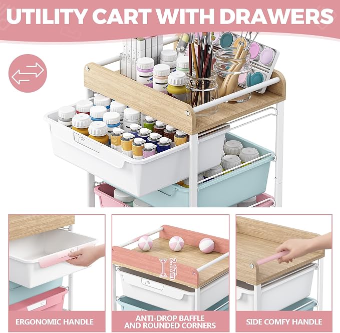 SYKIARIOL Rolling Storage Utility Cart with 4 Drawers,Art Cart,Colorful | Kids Craft Cart,Makeup Organizer and Storage with Wooden Tabletop - Image 3