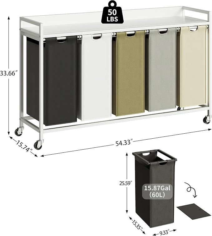 Herture Laundry Hamper with Shelf, Laundry Basket 5 Section, Laundry Sorter with Pull-Out Removable Large 5 Color Bags and Movable Wheels, Metal Frame, 5 x 15.87 Gallons (60L), White PF08XLE - Image 2
