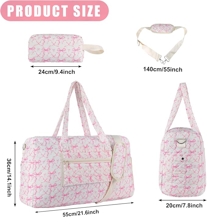 Quilted Pink Bow Duffel Bag 2 Pack Weekender with Shoe Compartment | Pink Bow Quilted Travel Duffel for Women, Carry On Overnight Bag with Toiletry Pouch, Hospital Bag for Labor Delivery & Gym - Image 2