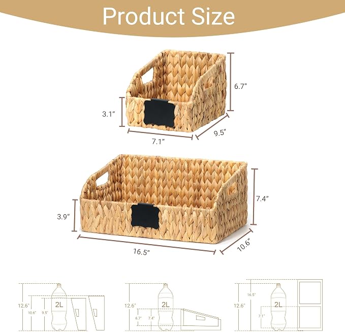 Wicker Baskets for Organizing, Pantry Baskets with Built-in Handles, Handwoven Wicker Storage Basket, Water Hyacinth Storage Bins for Shelves, Small - 2pcs, Natural - Image 3