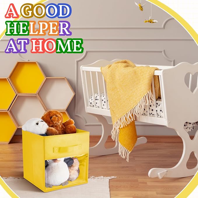 Marsui 12 Pcs Clear Cube Storage Bins Rainbow Colored Collapsible Kids Storage Bins Fabric Classroom Organizer with Window for Kid Playroom Room Daycare Nursery - Image 4