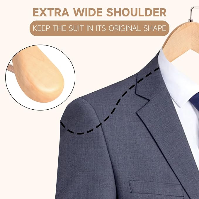 Wooden Suit Hangers, Non Slip Pants Bar, Natural Wood, 36-Pack, 16" | Wood Extra-Wide Shoulder Hangers, Flat-Head Hook Hangers for Suits, Coats, Jackets, Shirts, Pants, and Heavy Clothes - Image 5