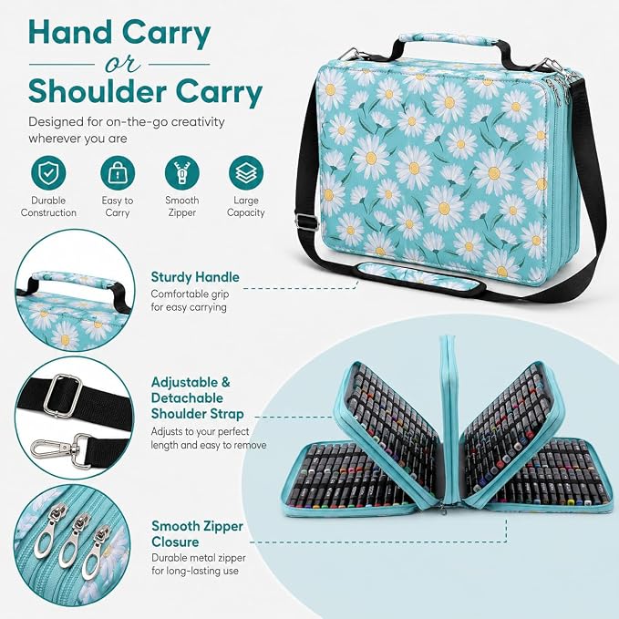 224-Slot Marker Organizer Bag, 4-Layer Case with Strap | 224-slot 4-layer marker bag in twill Oxford fabric with handle, detachable strap, smooth zipper for studio and outdoor use. - Image 4
