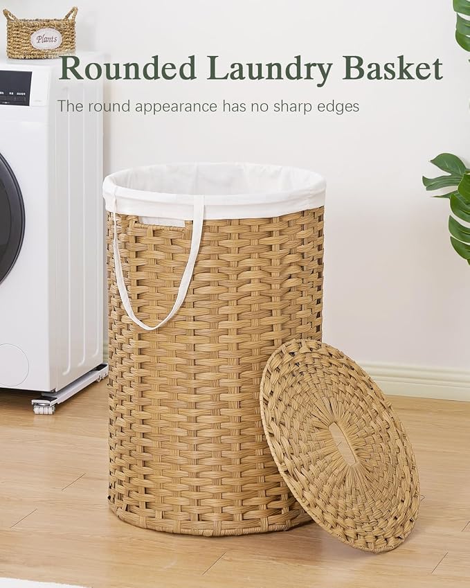 SETVSON Large Laundry Hamper Laundry Basket Round 34.3 Gal PE, Natural | 130L Jumbo Family PE Rattan Hamper, Removable Washable Liner Bag with Handles, 2 Mesh Wash Bags, Steel Frame, Foldable - Image 2